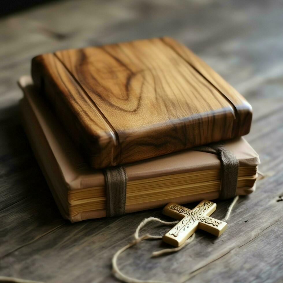 Close up of a holy bible and christian cross on wooden table. Happy good friday or religion concept by AI Generated photo