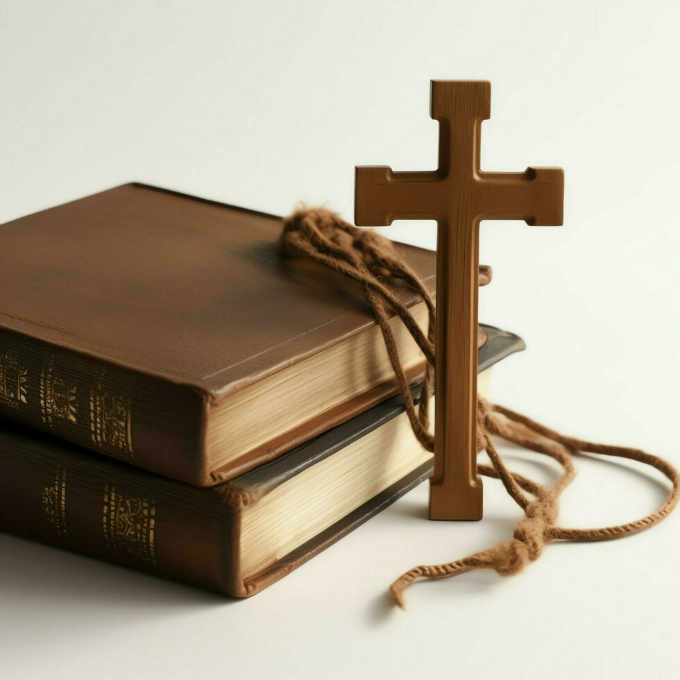 Close up of a holy bible and christian cross on wooden table. Happy good friday or religion concept by AI Generated photo