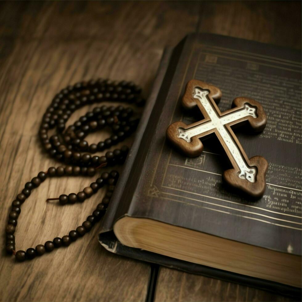 Close up of a holy bible and christian cross on wooden table. Happy good friday or religion concept by AI Generated photo