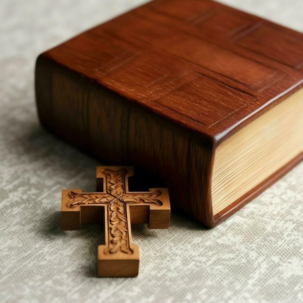 cerca arriba de un santo Biblia y cristiano cruzar en de madera mesa. contento bueno viernes o religión concepto por ai generado foto