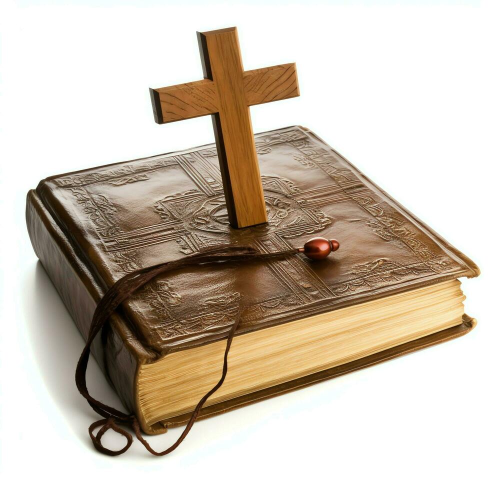 cerca arriba de un santo Biblia y cristiano cruzar en de madera mesa. contento bueno viernes o religión concepto por ai generado foto