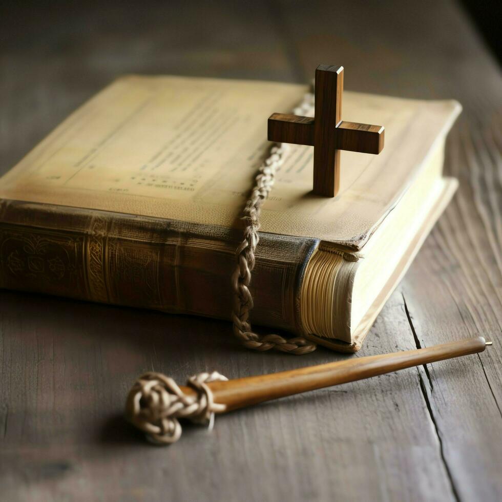 Close up of a holy bible and christian cross on wooden table. Happy good friday or religion concept by AI Generated photo