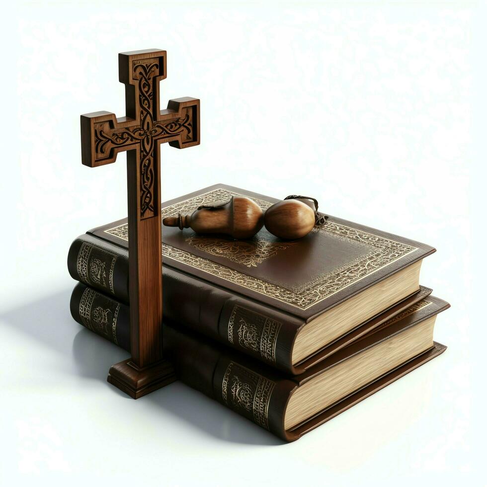 Close up of a holy bible and christian cross on wooden table. Happy good friday or religion concept by AI Generated photo