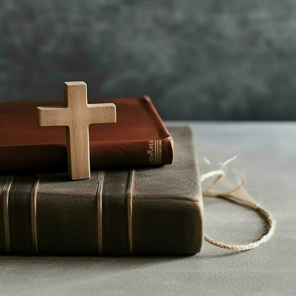 Close up of a holy bible and christian cross on wooden table. Happy good friday or religion concept by AI Generated photo