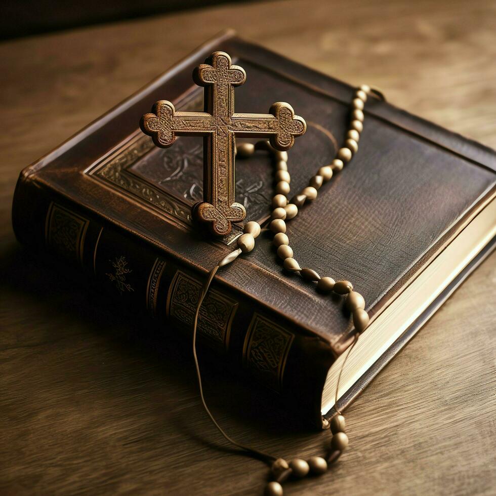 Close up of a holy bible and christian cross on wooden table. Happy good friday or religion concept by AI Generated photo