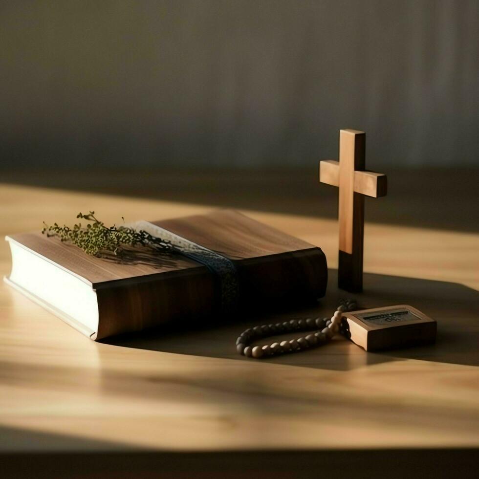 Close up of a holy bible and christian cross on wooden table. Happy good friday or religion concept by AI Generated photo