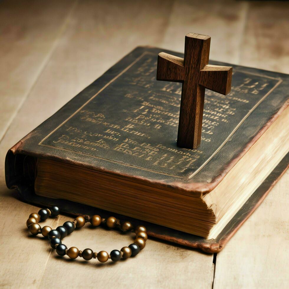 Close up of a holy bible and christian cross on wooden table. Happy good friday or religion concept by AI Generated photo