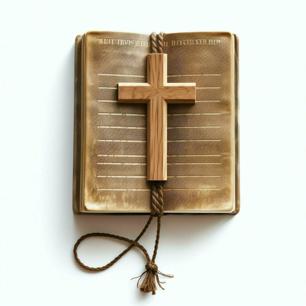 Close up of a holy bible and christian cross on wooden table. Happy good friday or religion concept by AI Generated photo