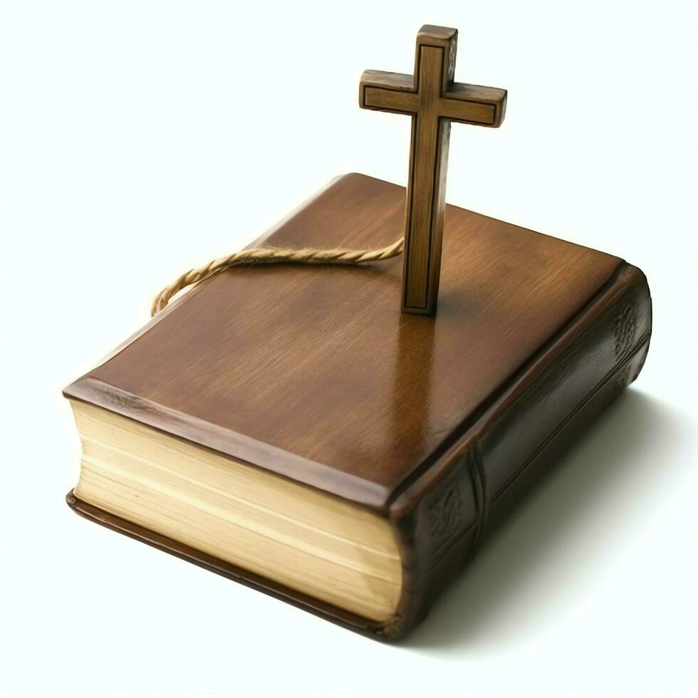 cerca arriba de un santo Biblia y cristiano cruzar en de madera mesa. contento bueno viernes o religión concepto por ai generado foto