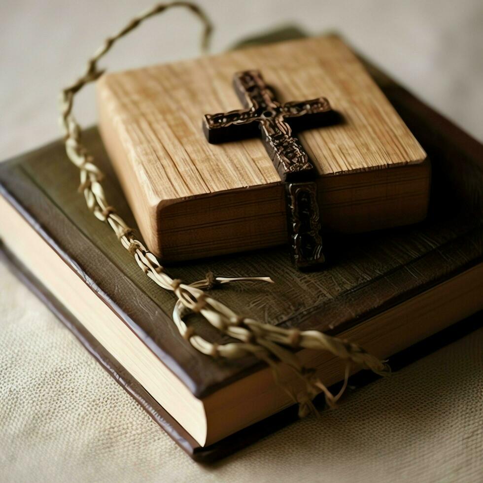 Close up of a holy bible and christian cross on wooden table. Happy good friday or religion concept by AI Generated photo