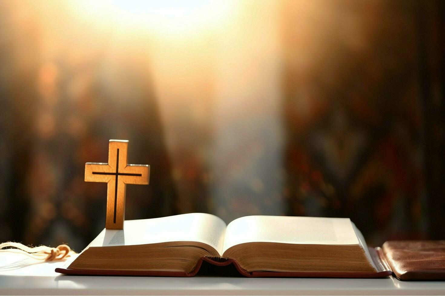 Close up of a holy bible and christian cross on wooden table. Happy good friday or religion concept by AI Generated photo