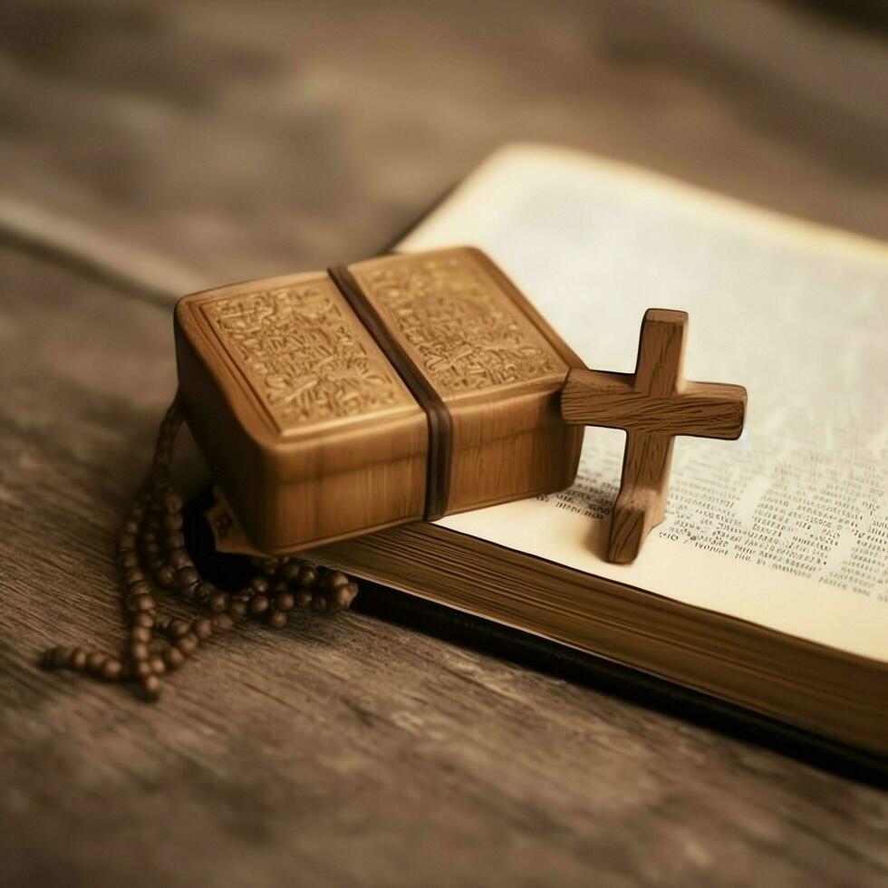 cerca arriba de un santo Biblia y cristiano cruzar en de madera mesa. contento bueno viernes o religión concepto por ai generado foto