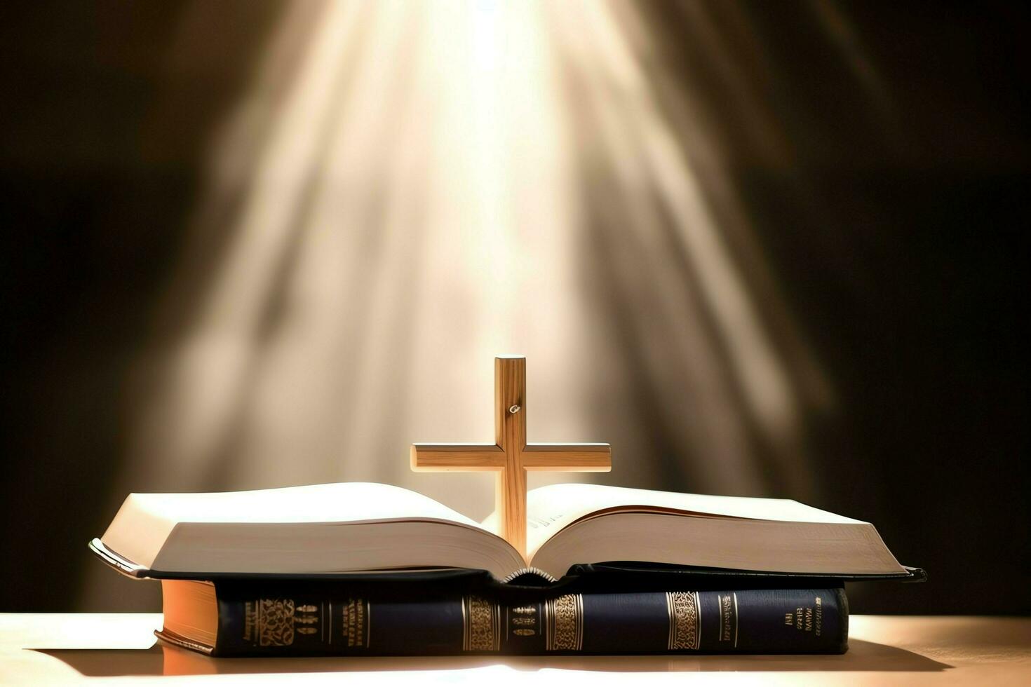 Close up of a holy bible and christian cross on wooden table. Happy good friday or religion concept by AI Generated photo