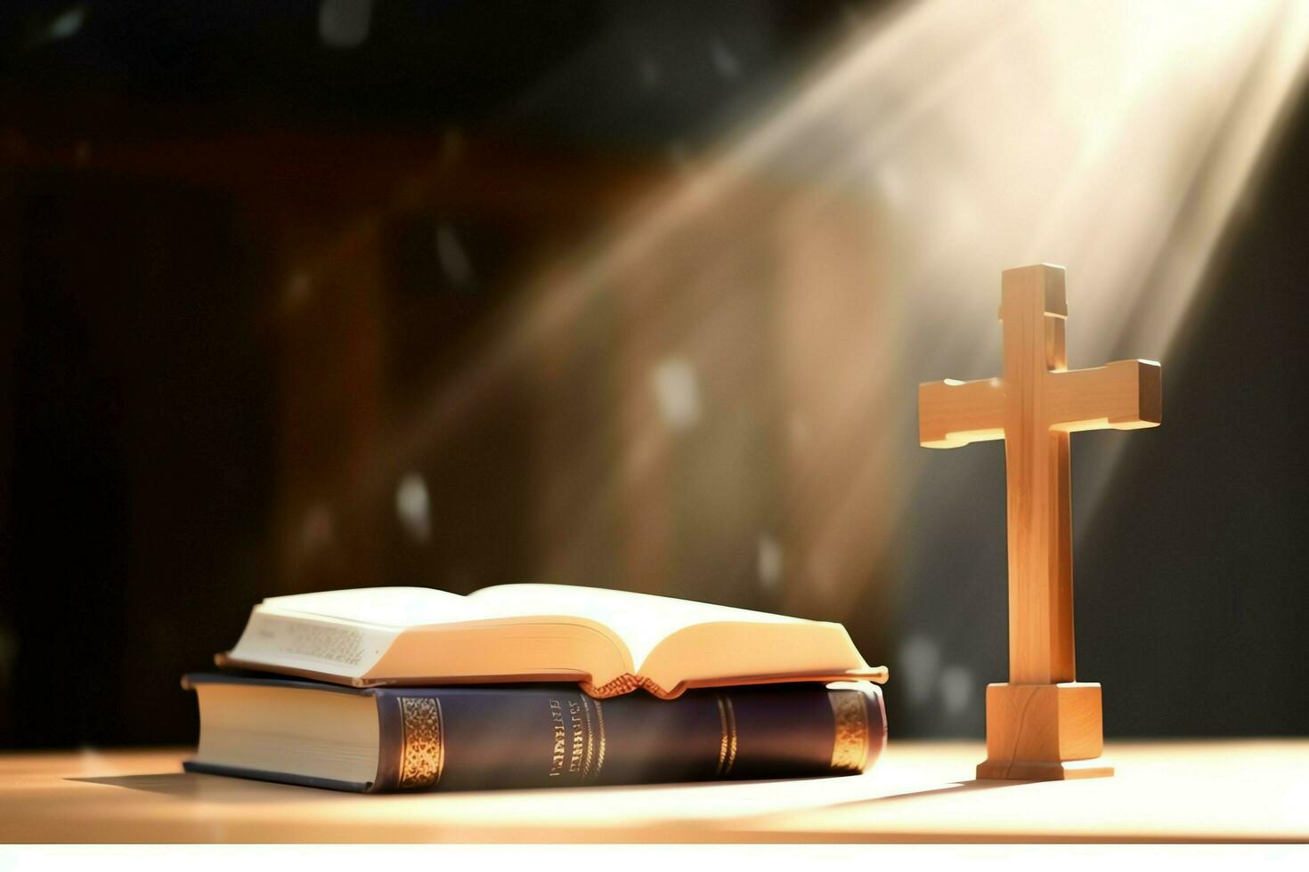 Close up of a holy bible and christian cross on wooden table. Happy good friday or religion concept by AI Generated photo