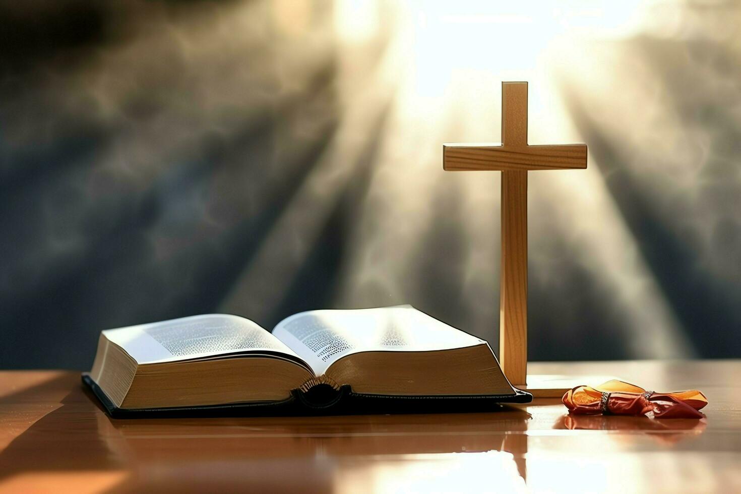 Close up of a holy bible and christian cross on wooden table. Happy good friday or religion concept by AI Generated photo