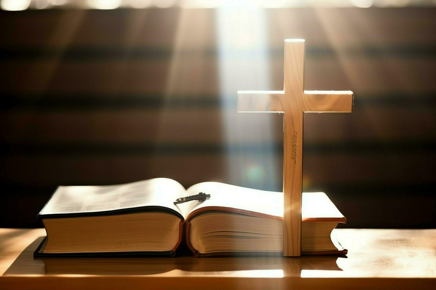 Close up of a holy bible and christian cross on wooden table. Happy good friday or religion concept by AI Generated photo