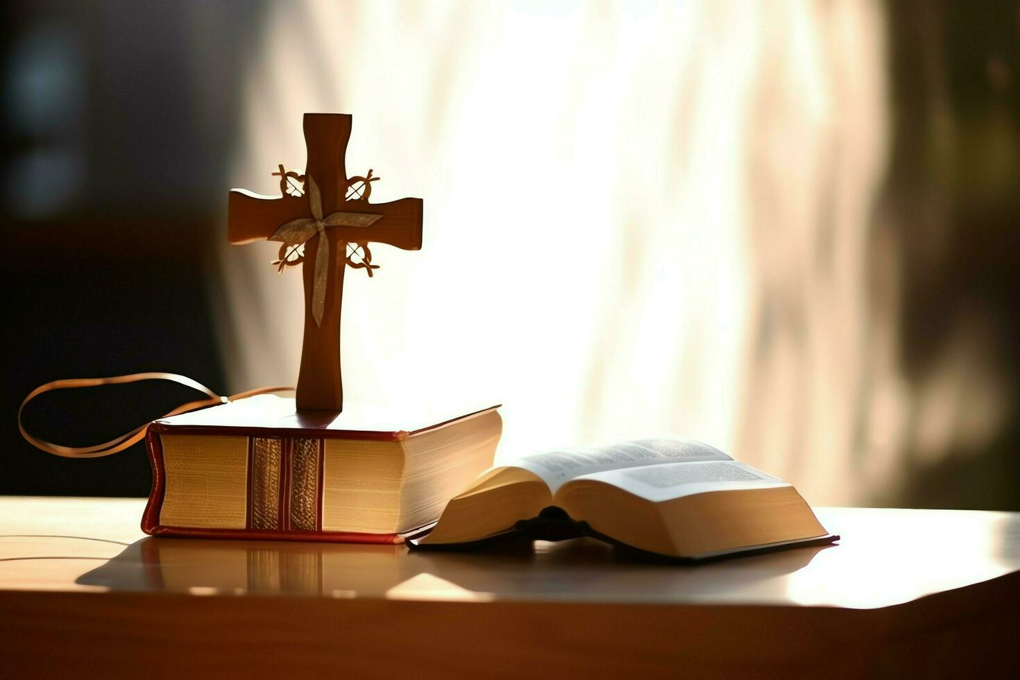 Close up of a holy bible and christian cross on wooden table. Happy good friday or religion concept by AI Generated photo