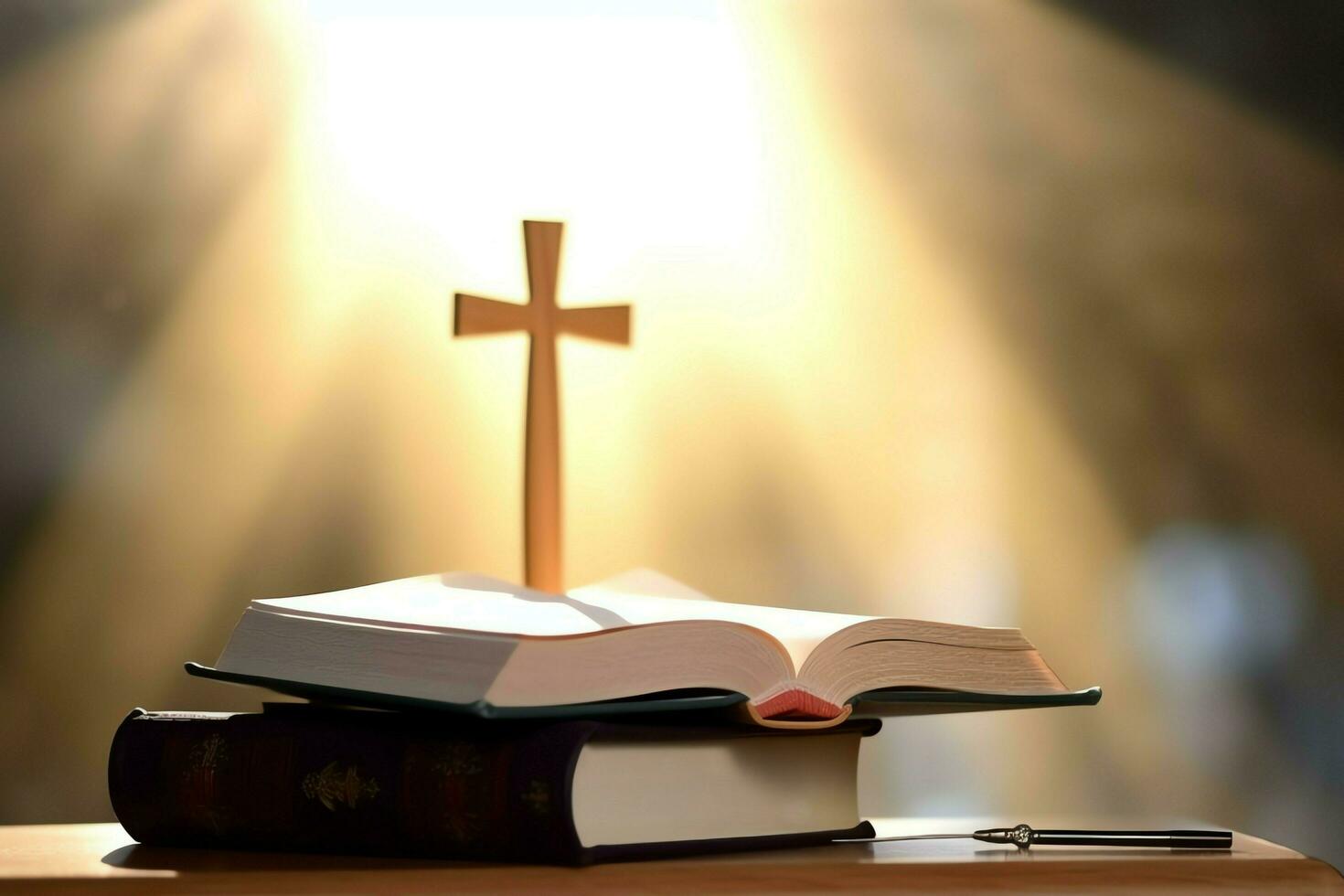 Close up of a holy bible and christian cross on wooden table. Happy good friday or religion concept by AI Generated photo