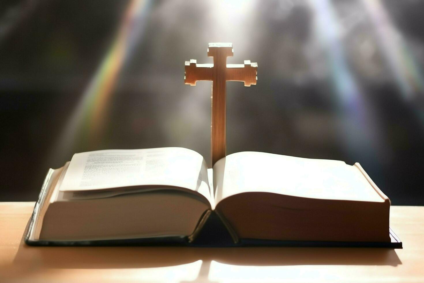 Close up of a holy bible and christian cross on wooden table. Happy good friday or religion concept by AI Generated photo