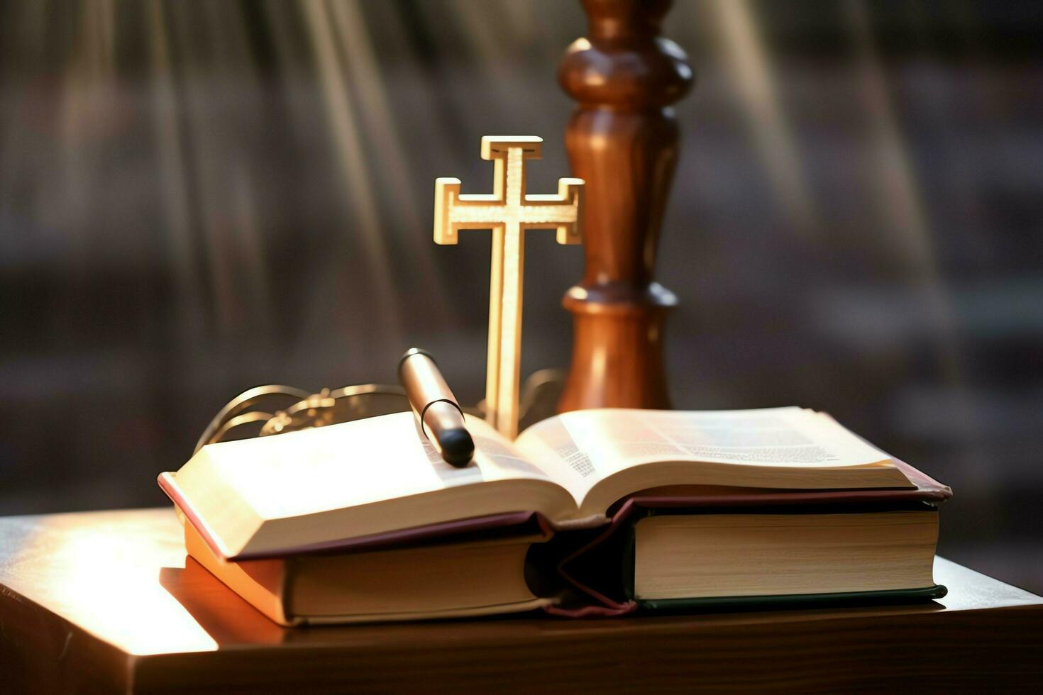 Close up of a holy bible and christian cross on wooden table. Happy good friday or religion concept by AI Generated photo