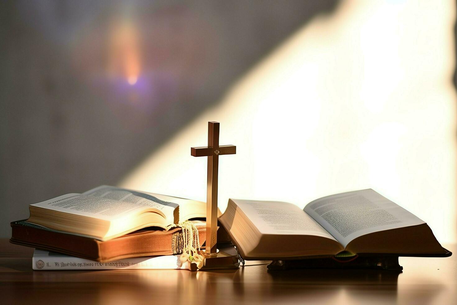 Close up of a holy bible and christian cross on wooden table. Happy good friday or religion concept by AI Generated photo