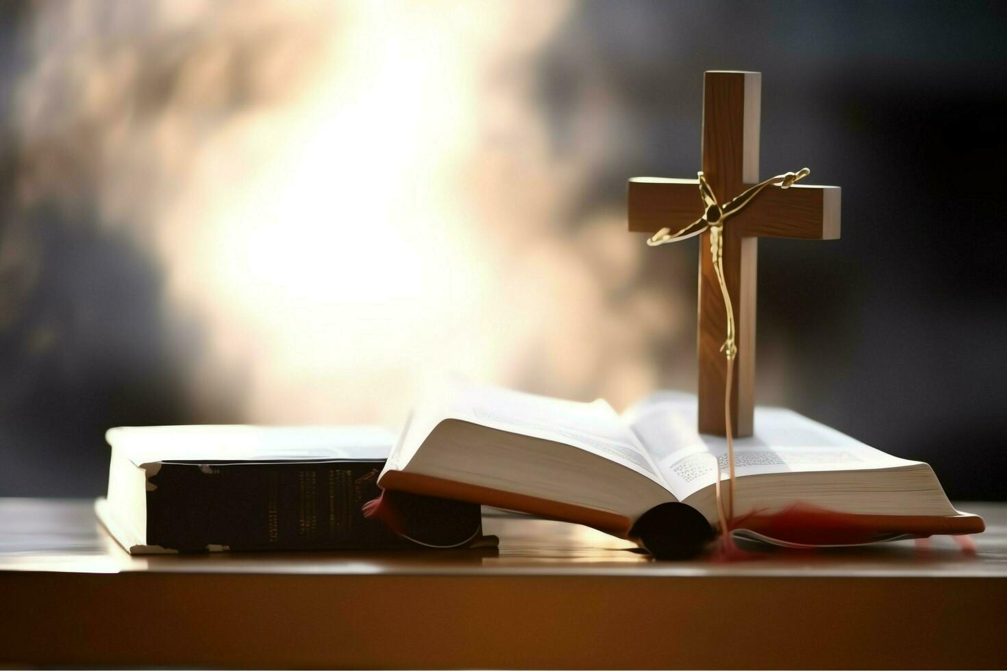 Close up of a holy bible and christian cross on wooden table. Happy good friday or religion concept by AI Generated photo