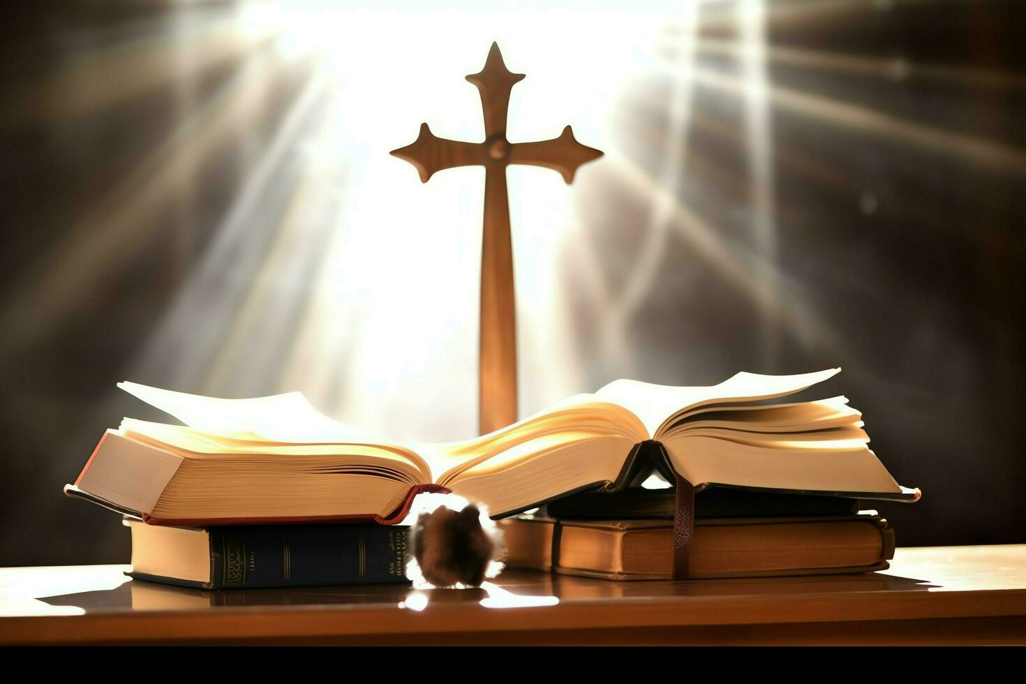 Close up of a holy bible and christian cross on wooden table. Happy good friday or religion concept by AI Generated photo