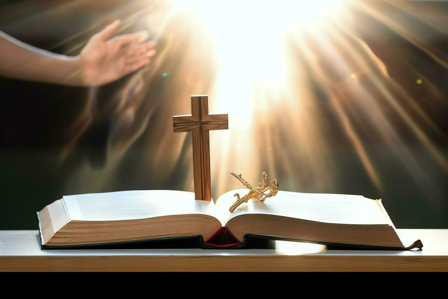 Close up of a holy bible and christian cross on wooden table. Happy good friday or religion concept by AI Generated photo