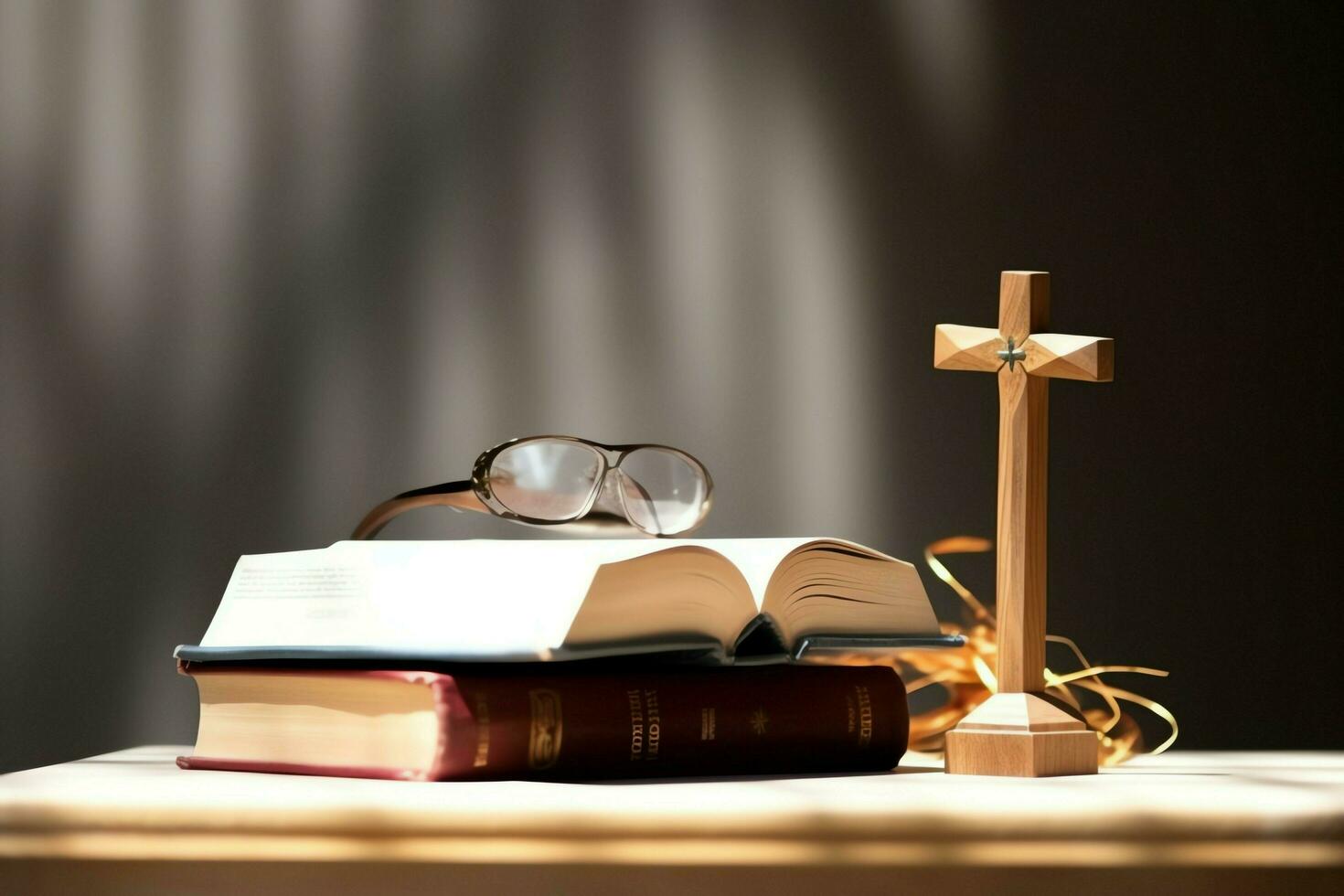 Close up of a holy bible and christian cross on wooden table. Happy good friday or religion concept by AI Generated photo