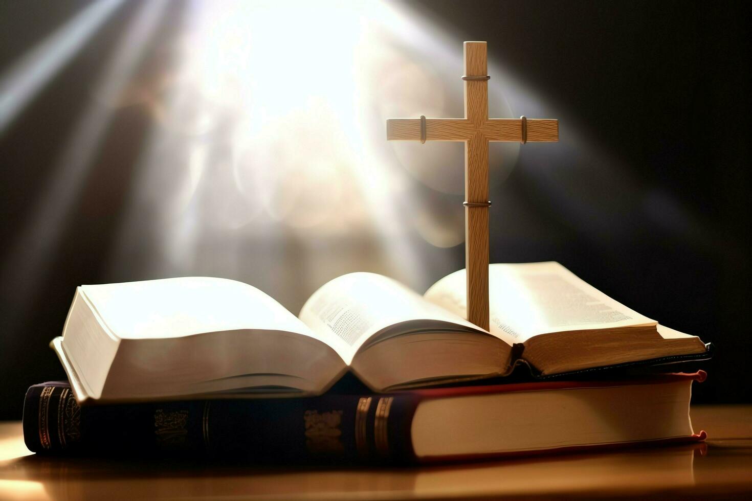 Close up of a holy bible and christian cross on wooden table. Happy good friday or religion concept by AI Generated photo