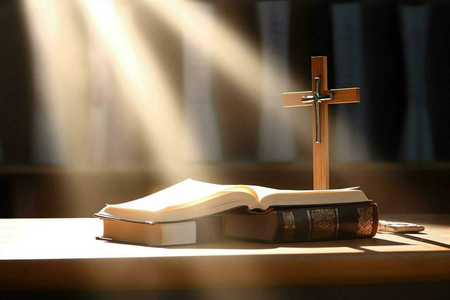 Close up of a holy bible and christian cross on wooden table. Happy good friday or religion concept by AI Generated photo