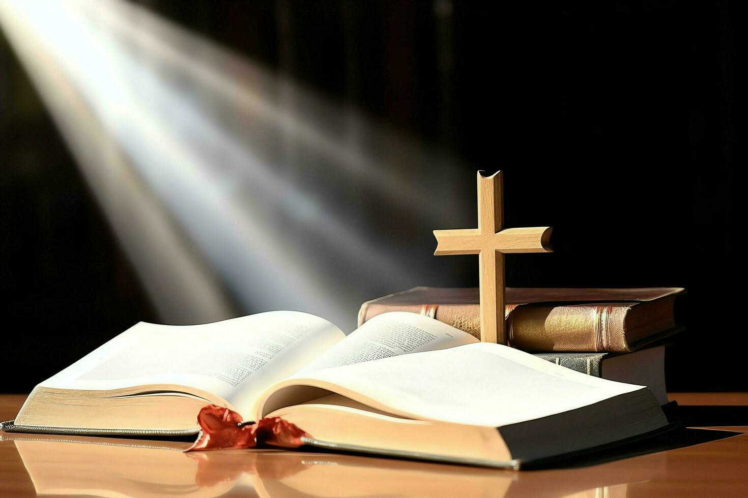 Close up of a holy bible and christian cross on wooden table. Happy good friday or religion concept by AI Generated photo