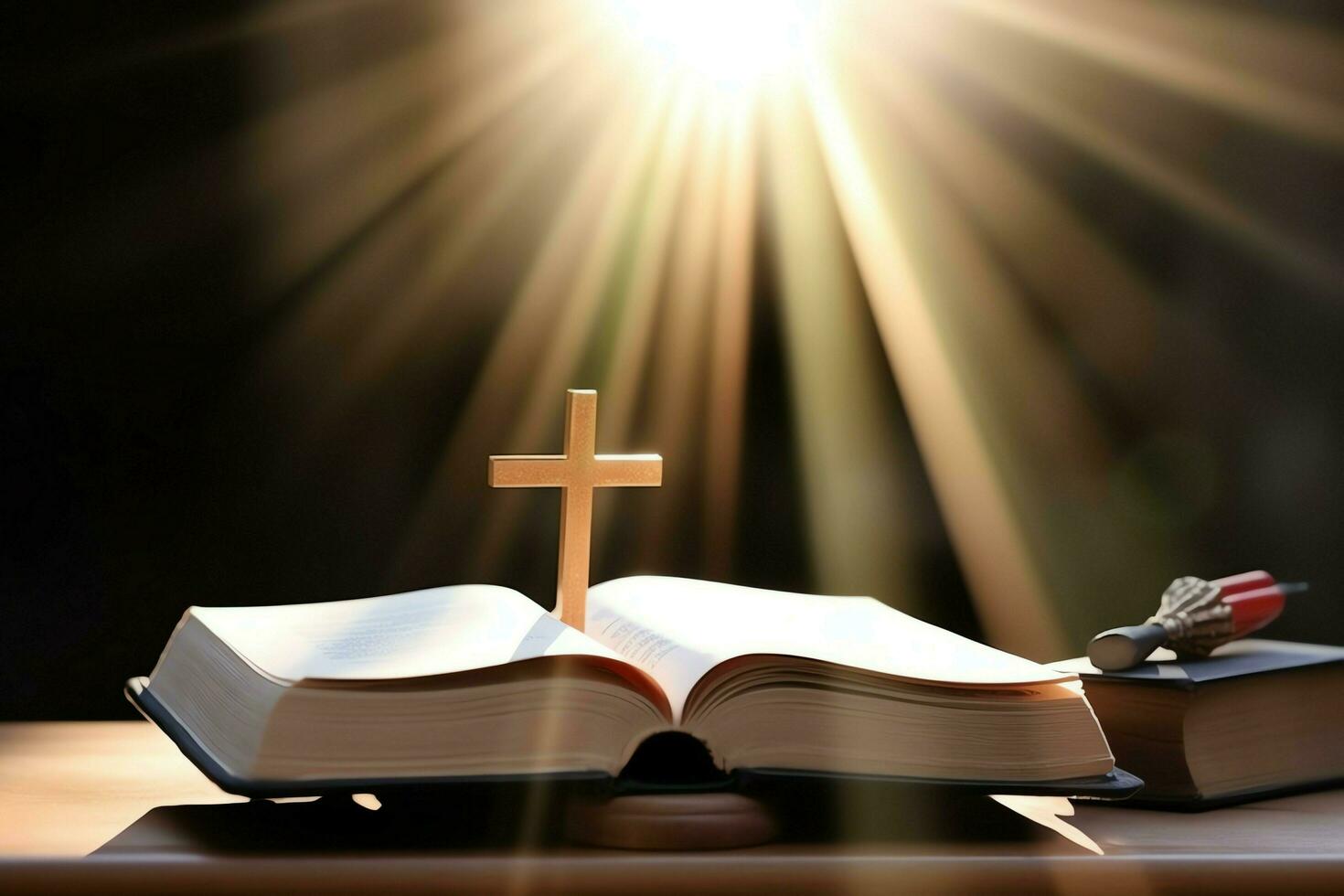 Close up of a holy bible and christian cross on wooden table. Happy good friday or religion concept by AI Generated photo
