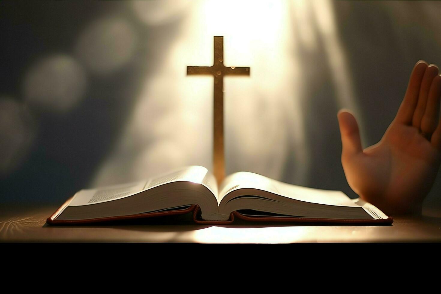 Close up of a holy bible and christian cross on wooden table. Happy good friday or religion concept by AI Generated photo