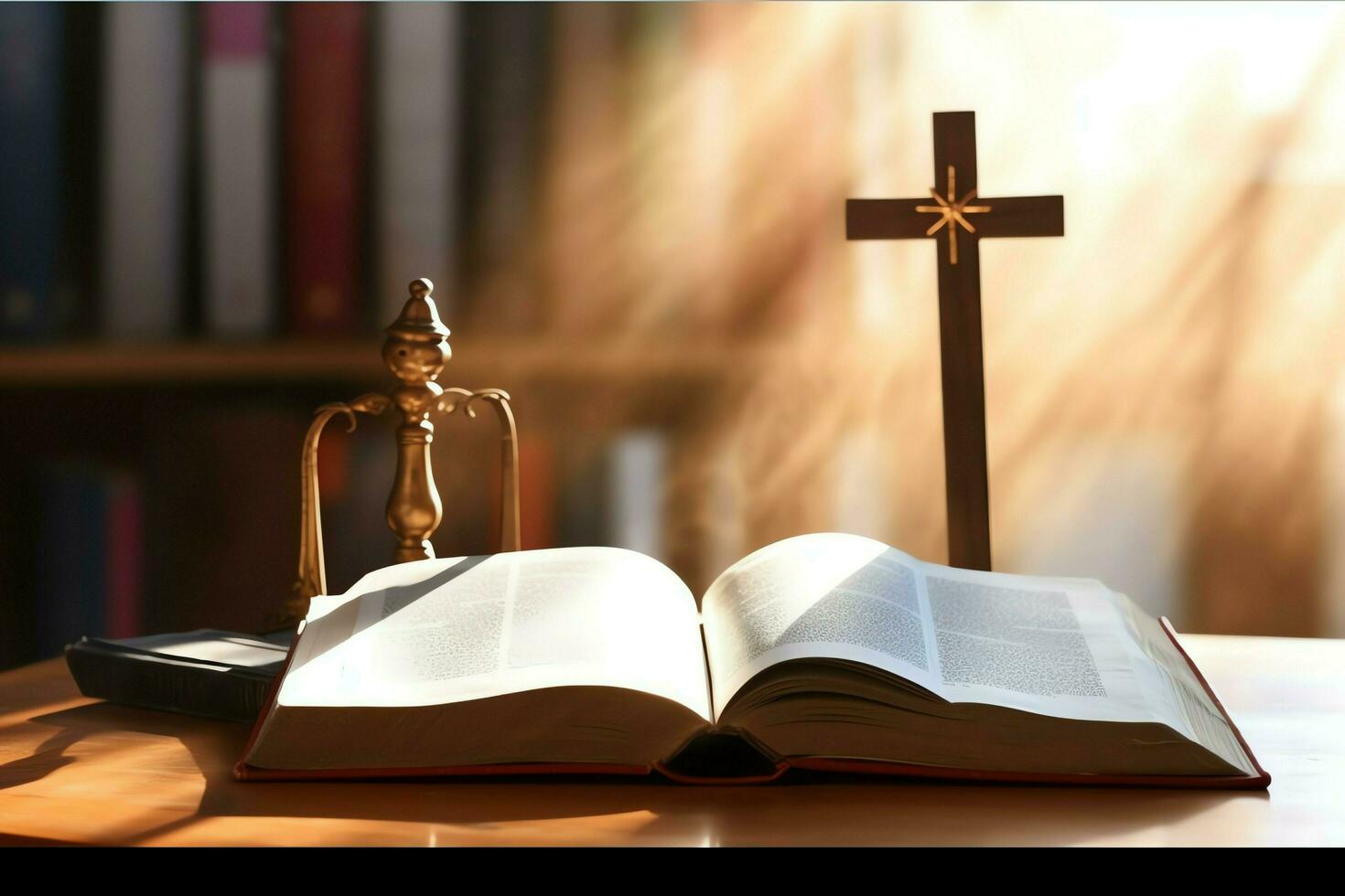 Close up of a holy bible and christian cross on wooden table. Happy good friday or religion concept by AI Generated photo