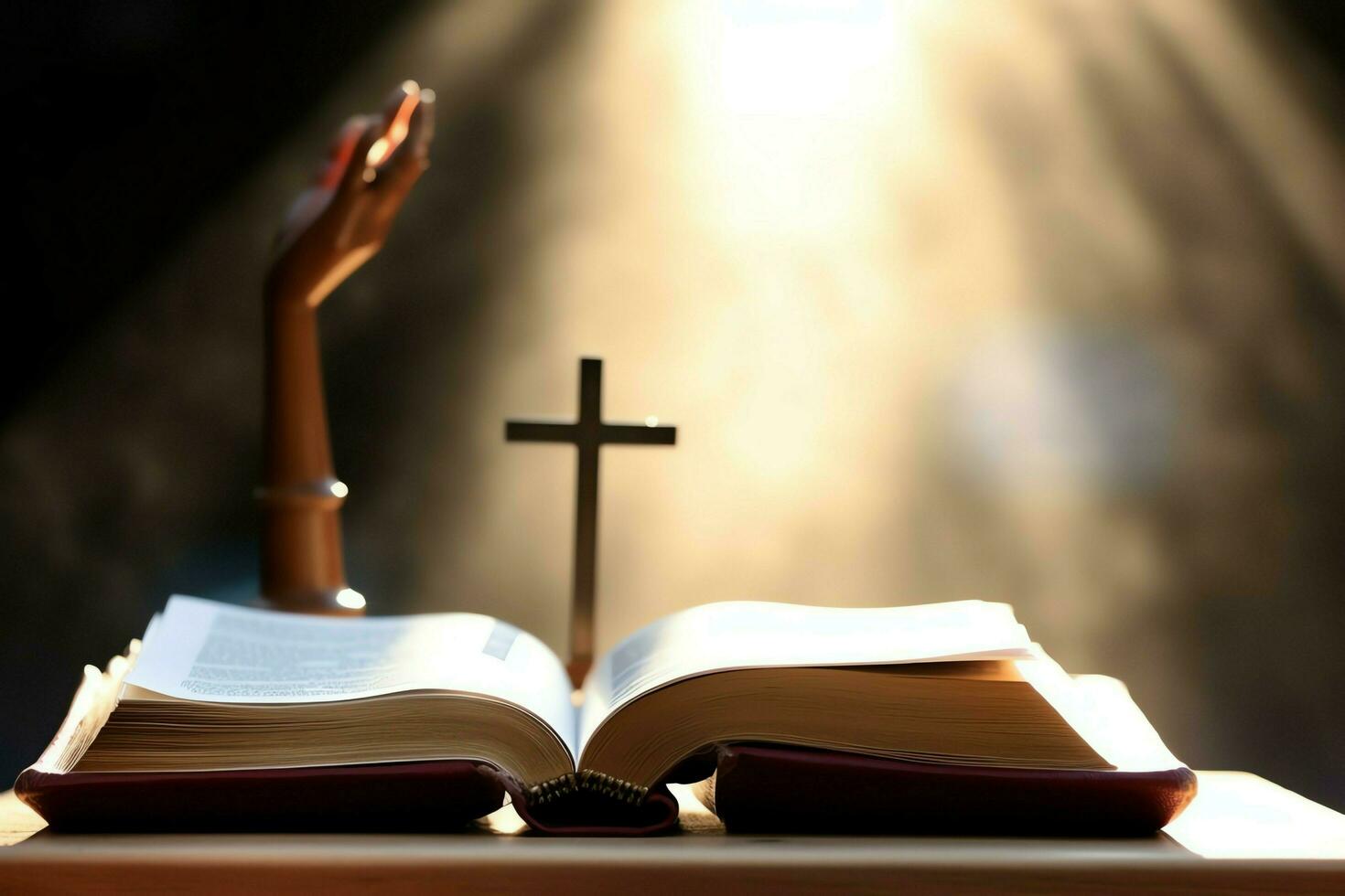 Close up of a holy bible and christian cross on wooden table. Happy good friday or religion concept by AI Generated photo