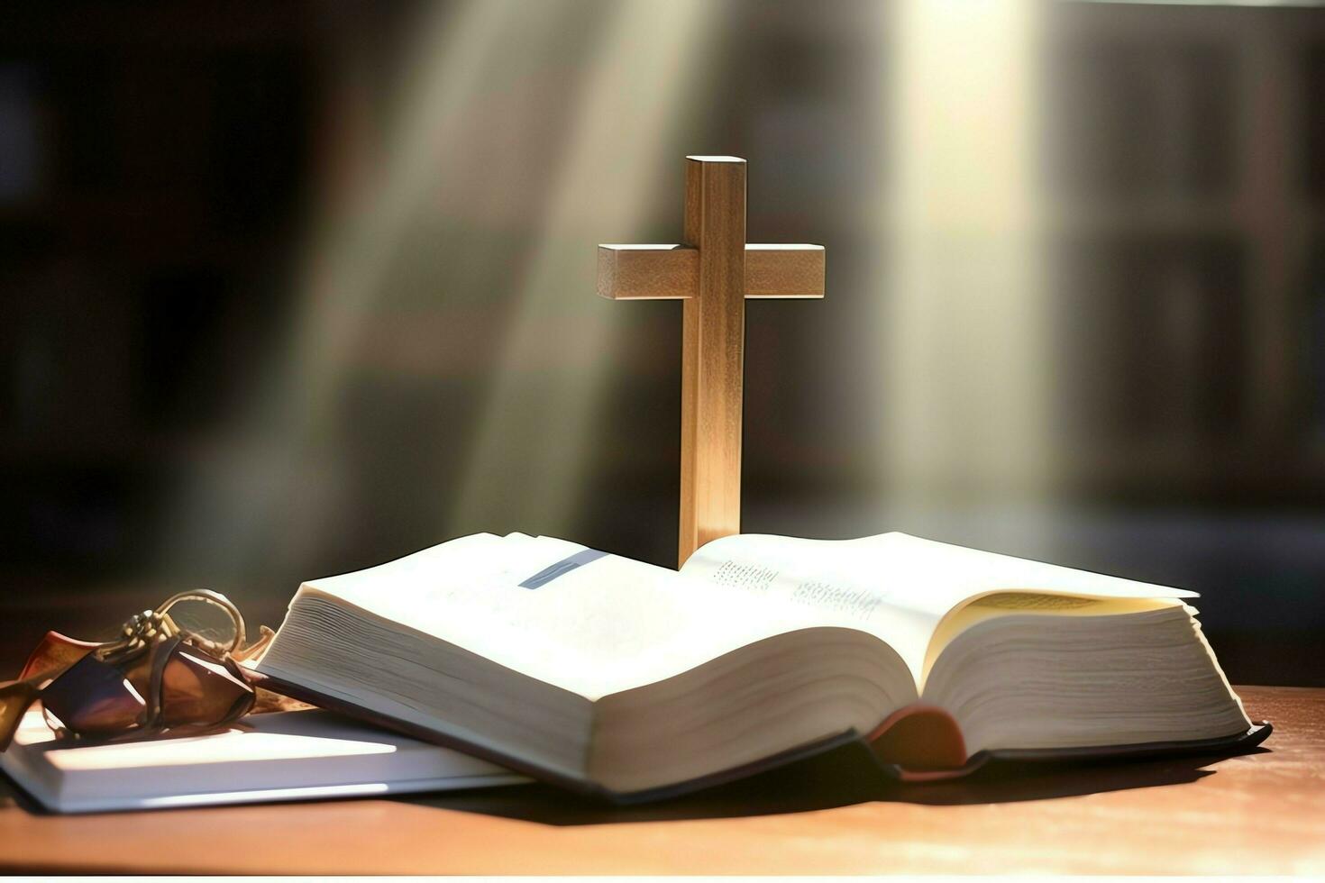 Close up of a holy bible and christian cross on wooden table. Happy good friday or religion concept by AI Generated photo