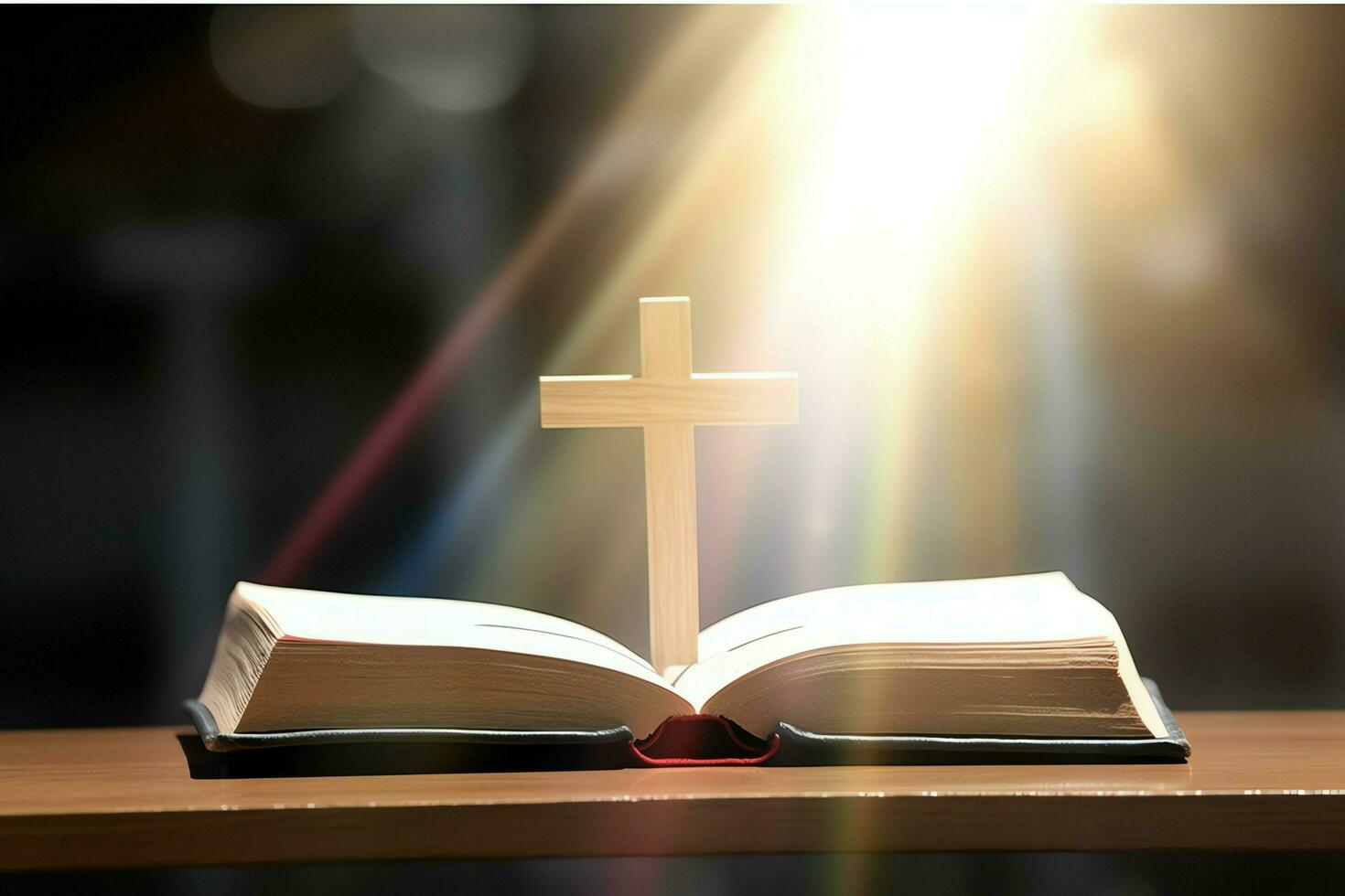 Close up of a holy bible and christian cross on wooden table. Happy good friday or religion concept by AI Generated photo