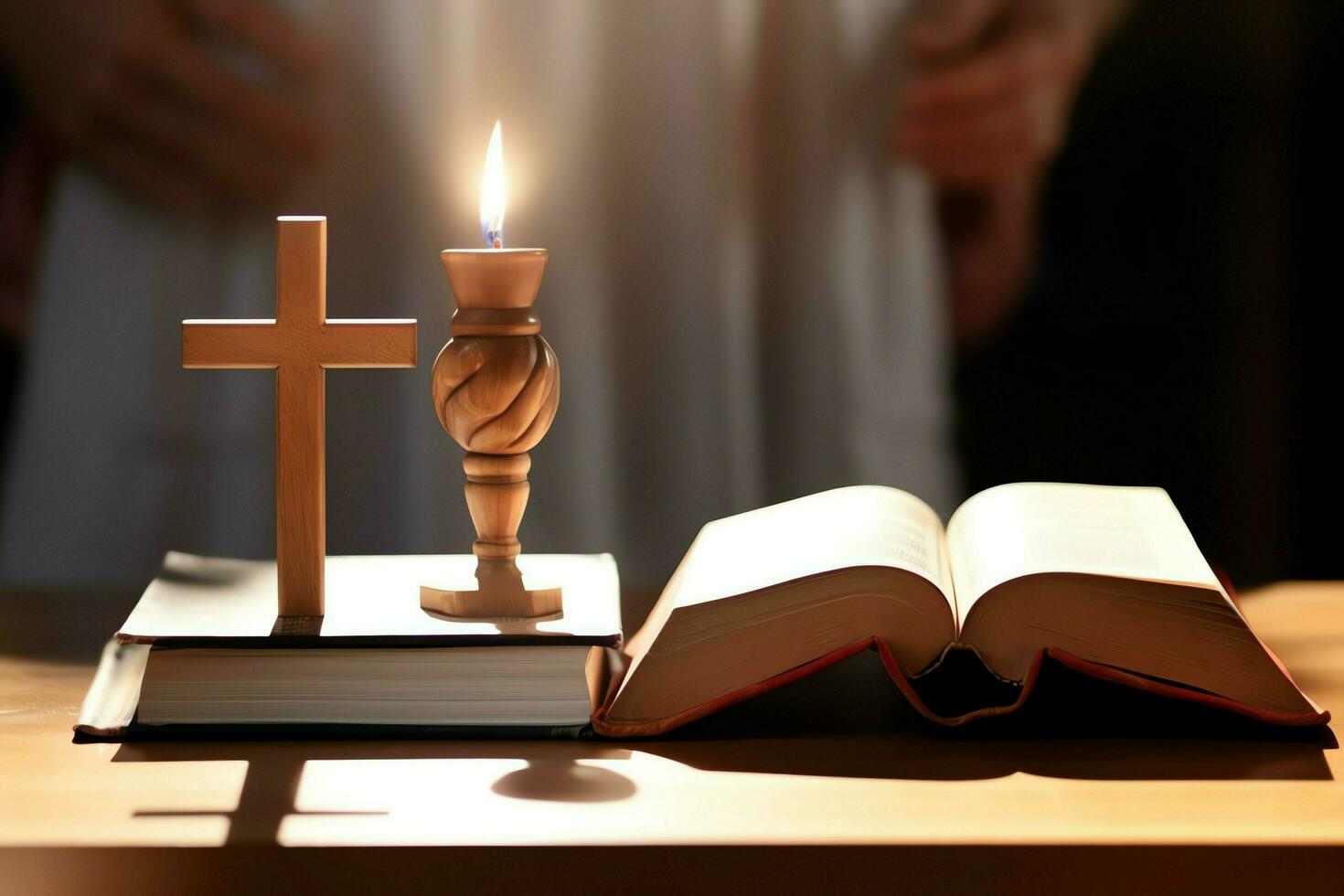 Close up of a holy bible and christian cross on wooden table. Happy good friday or religion concept by AI Generated photo
