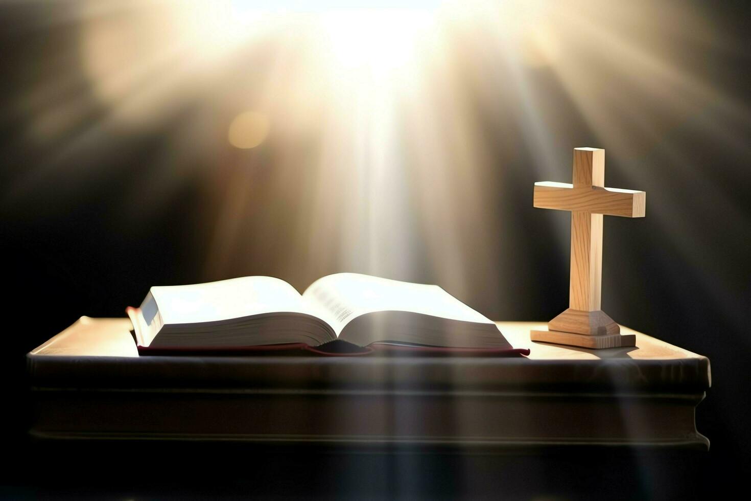 Close up of a holy bible and christian cross on wooden table. Happy good friday or religion concept by AI Generated photo