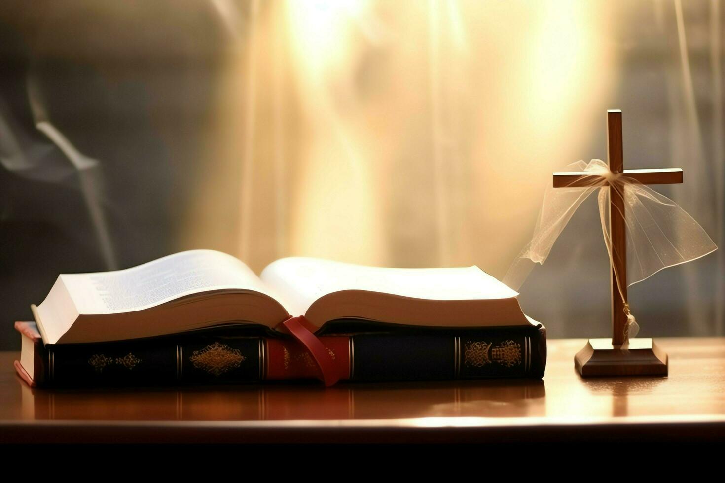 Close up of a holy bible and christian cross on wooden table. Happy good friday or religion concept by AI Generated photo