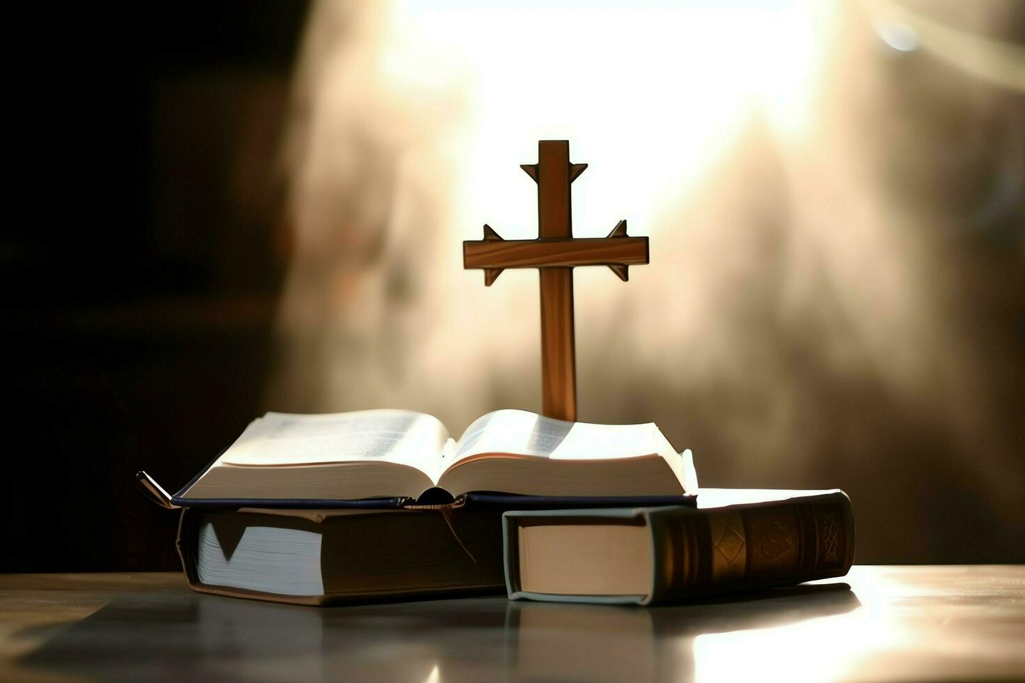 Close up of a holy bible and christian cross on wooden table. Happy good friday or religion concept by AI Generated photo