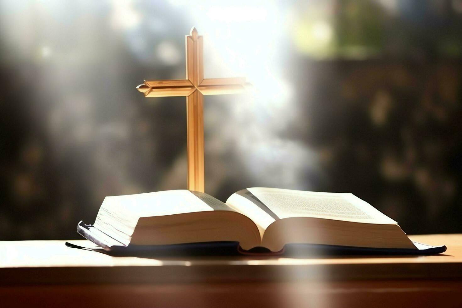 Close up of a holy bible and christian cross on wooden table. Happy good friday or religion concept by AI Generated photo