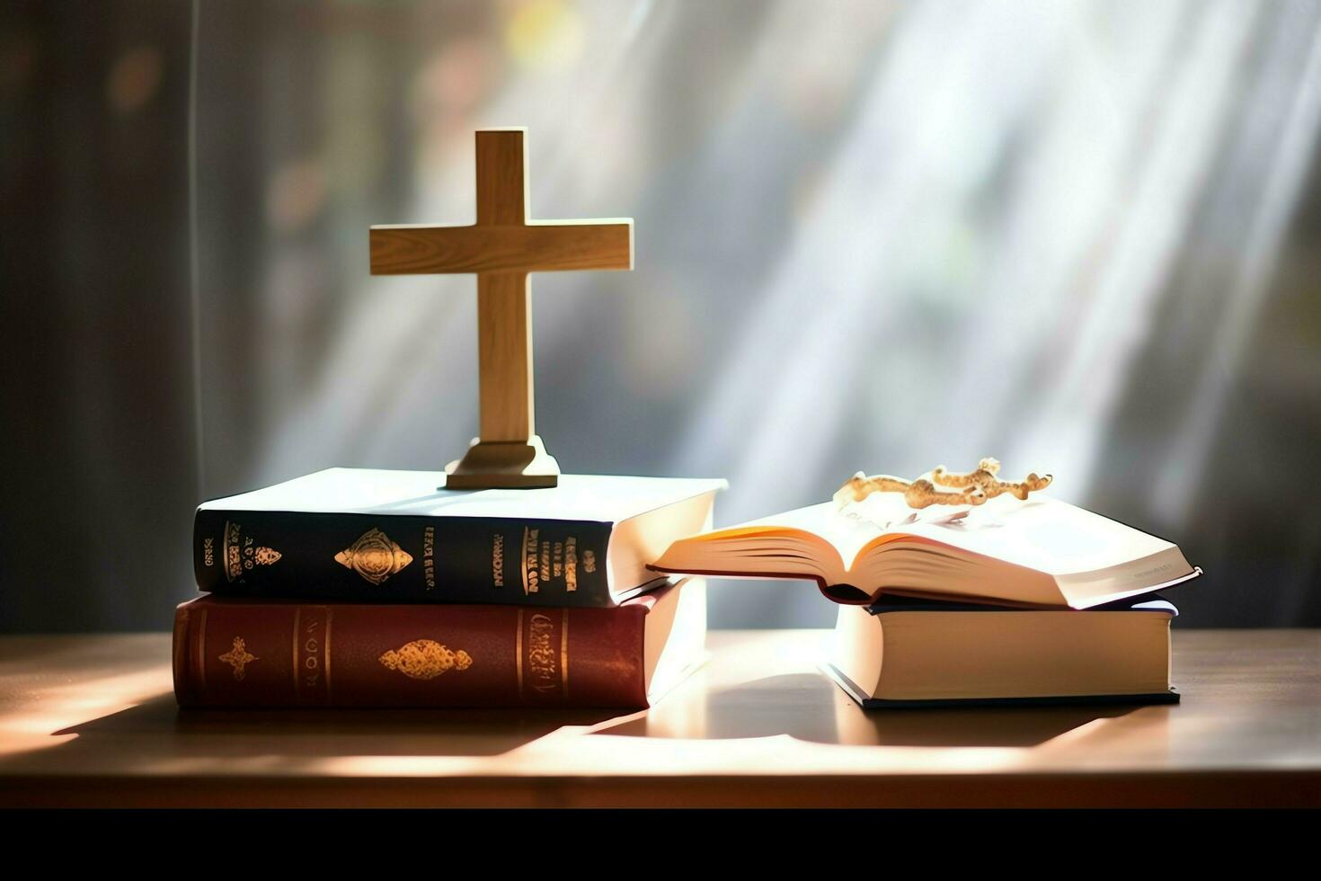 cerca arriba de un santo Biblia y cristiano cruzar en de madera mesa. contento bueno viernes o religión concepto por ai generado foto