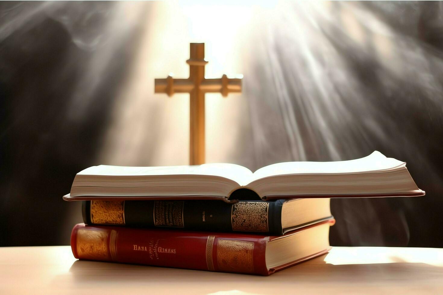 Close up of a holy bible and christian cross on wooden table. Happy good friday or religion concept by AI Generated photo