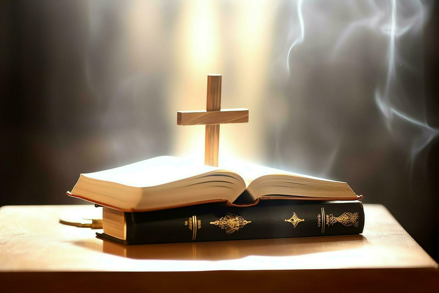 Close up of a holy bible and christian cross on wooden table. Happy good friday or religion concept by AI Generated photo