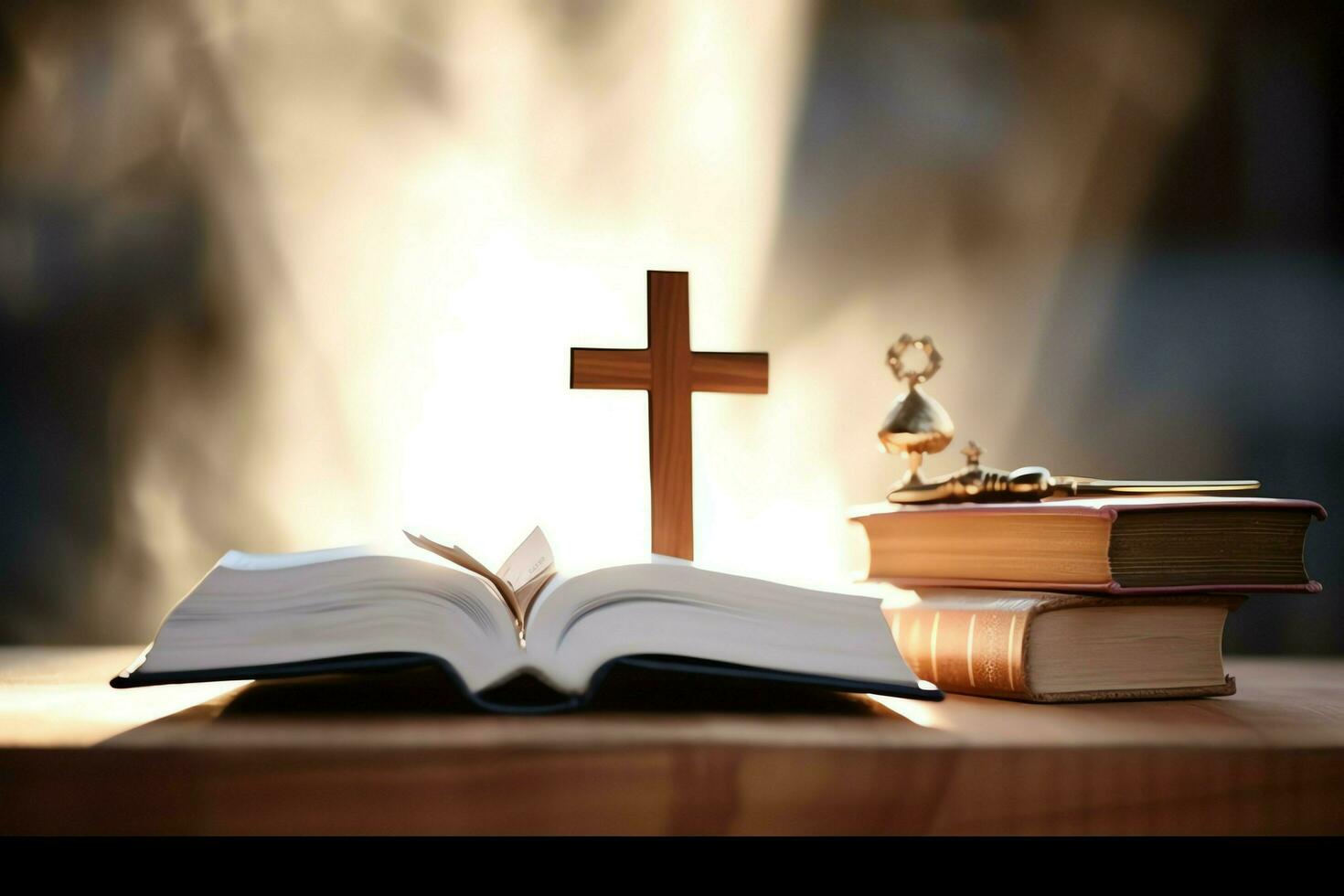 Close up of a holy bible and christian cross on wooden table. Happy good friday or religion concept by AI Generated photo