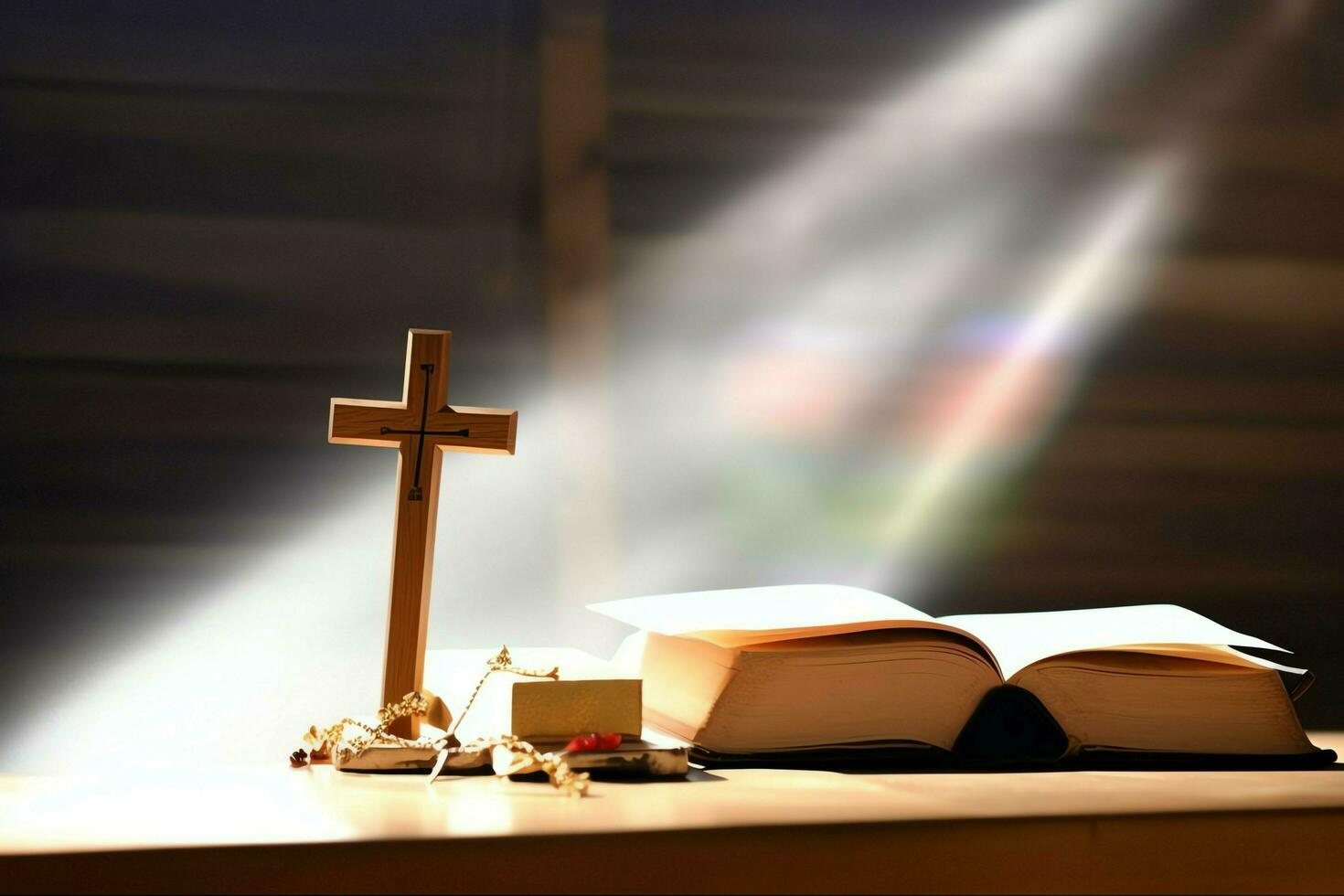 Close up of a holy bible and christian cross on wooden table. Happy good friday or religion concept by AI Generated photo