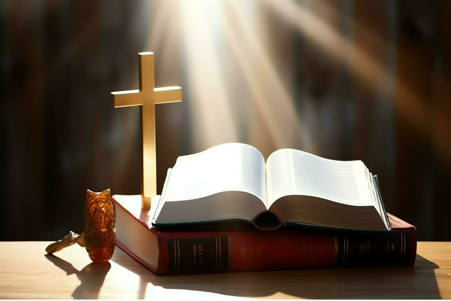 Close up of a holy bible and christian cross on wooden table. Happy good friday or religion concept by AI Generated photo