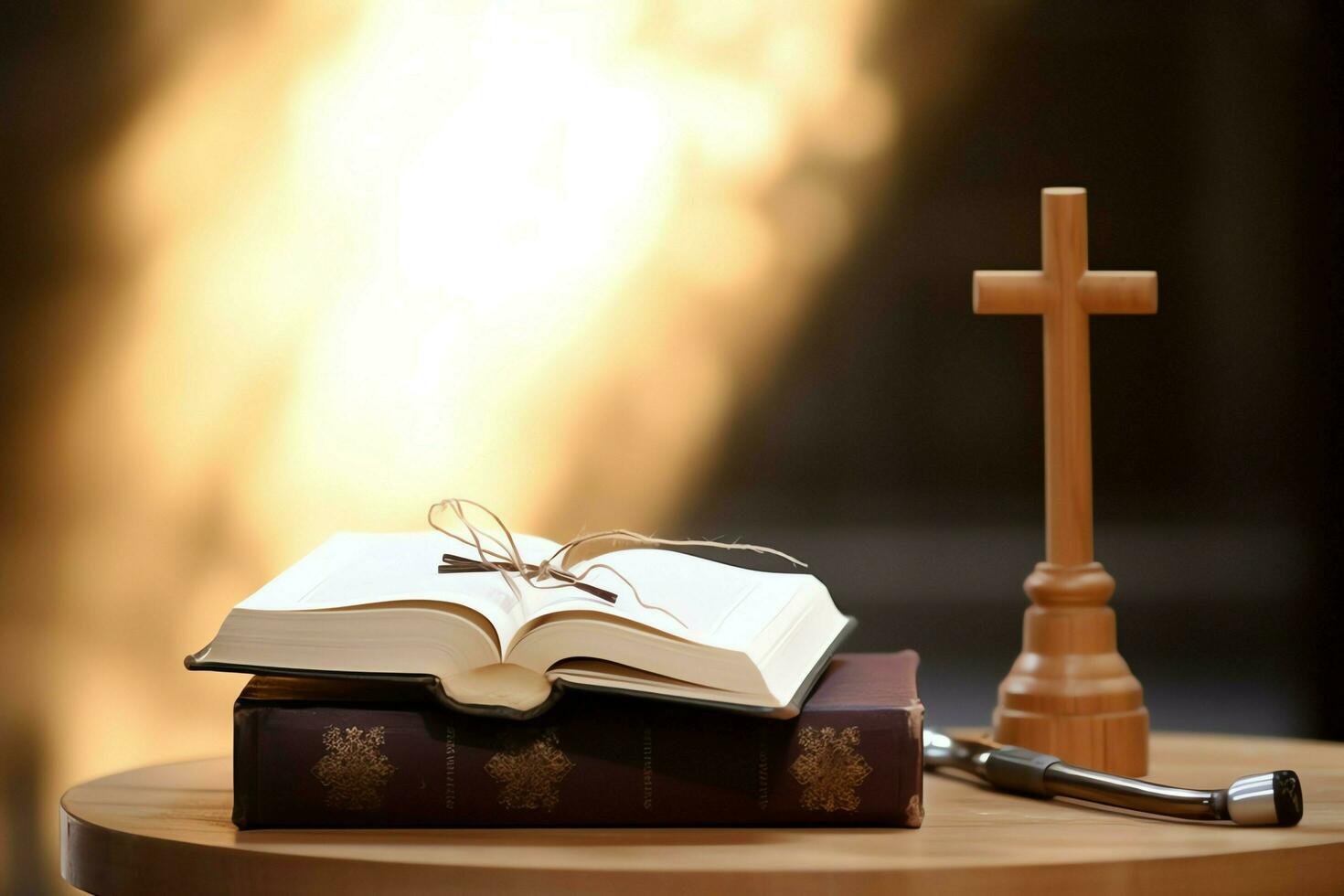 Close up of a holy bible and christian cross on wooden table. Happy good friday or religion concept by AI Generated photo